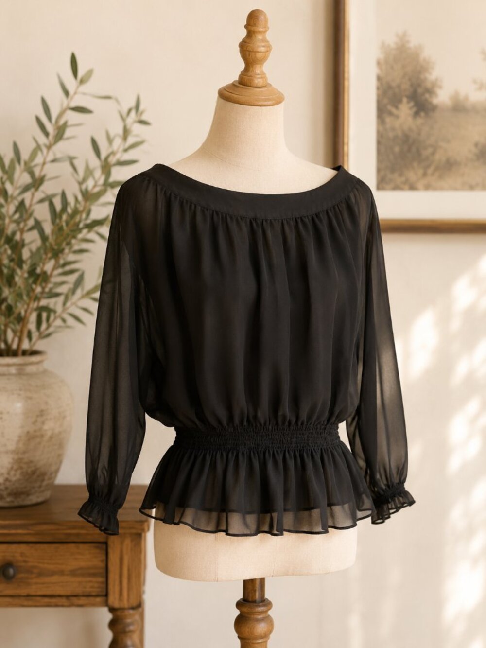 Banana Republic Ladies Sheer Chiffon Long Sleeve Small Smocked Waistband Black